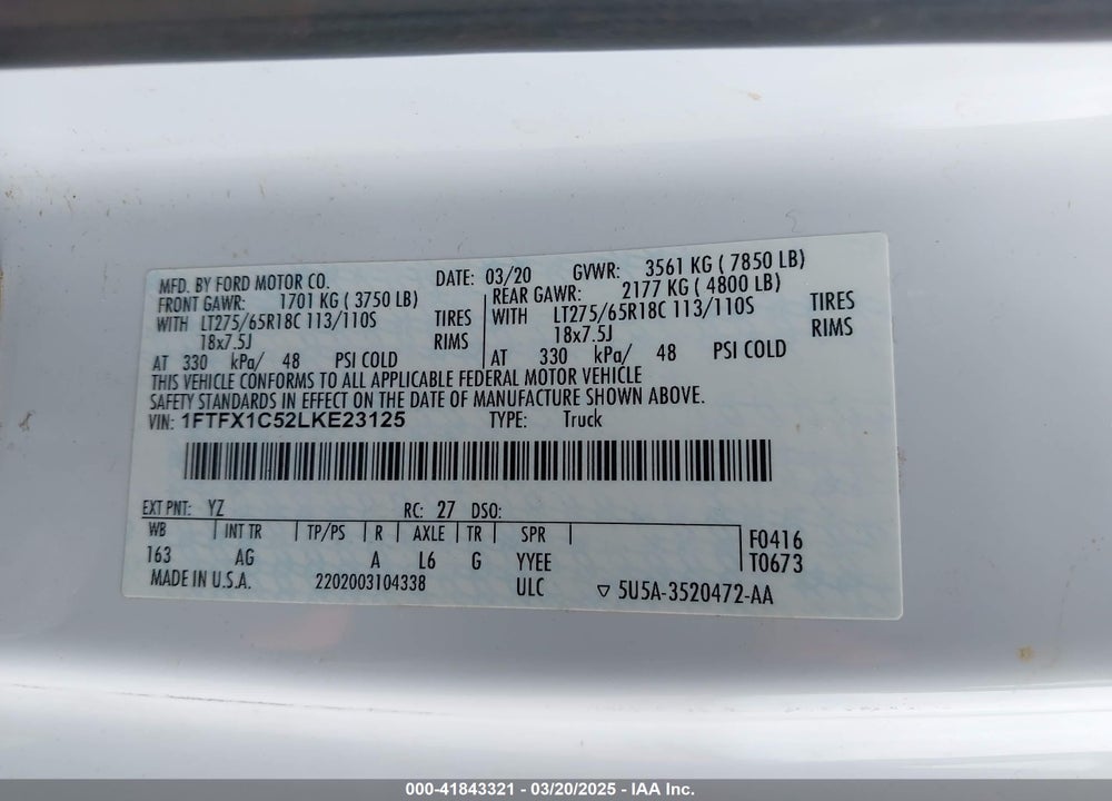 2020 FORD F-150 XL VIN: 1FTFX1C52LKE23125