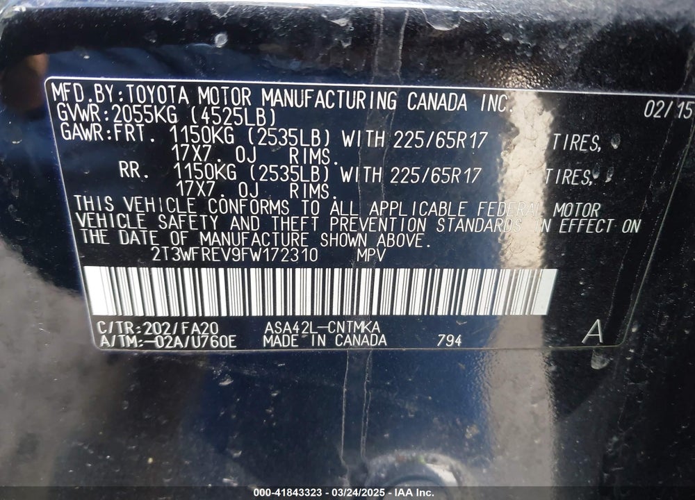 2015 TOYOTA RAV4 VIN: 2T3WFREV9FW172310