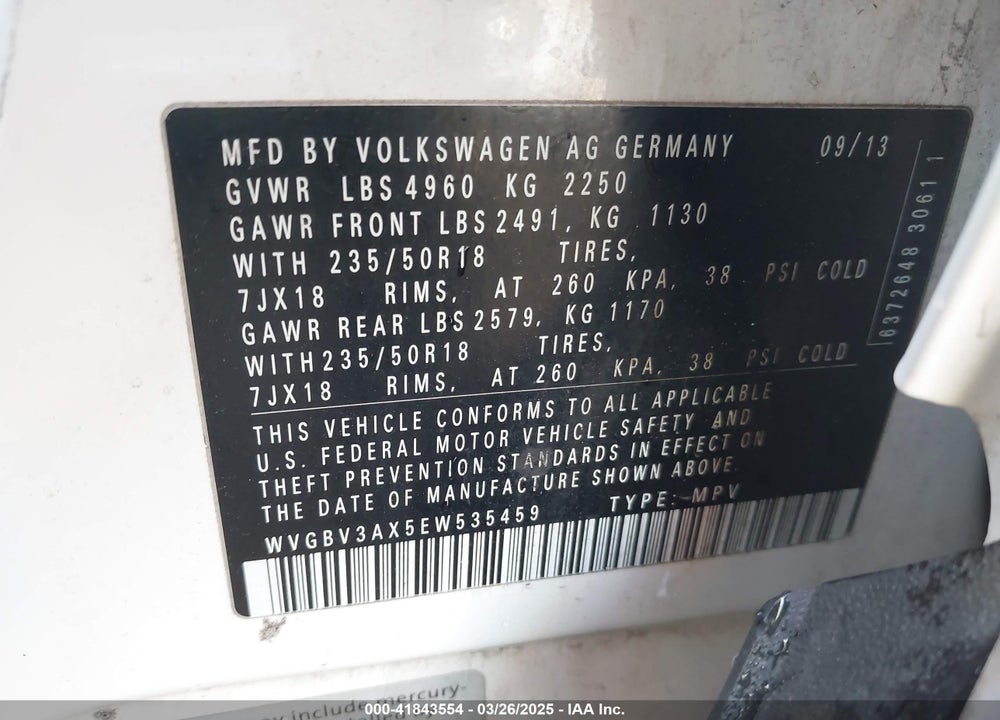 2014 VOLKSWAGEN TIGUAN VIN: WVGBV3AX5EW535459