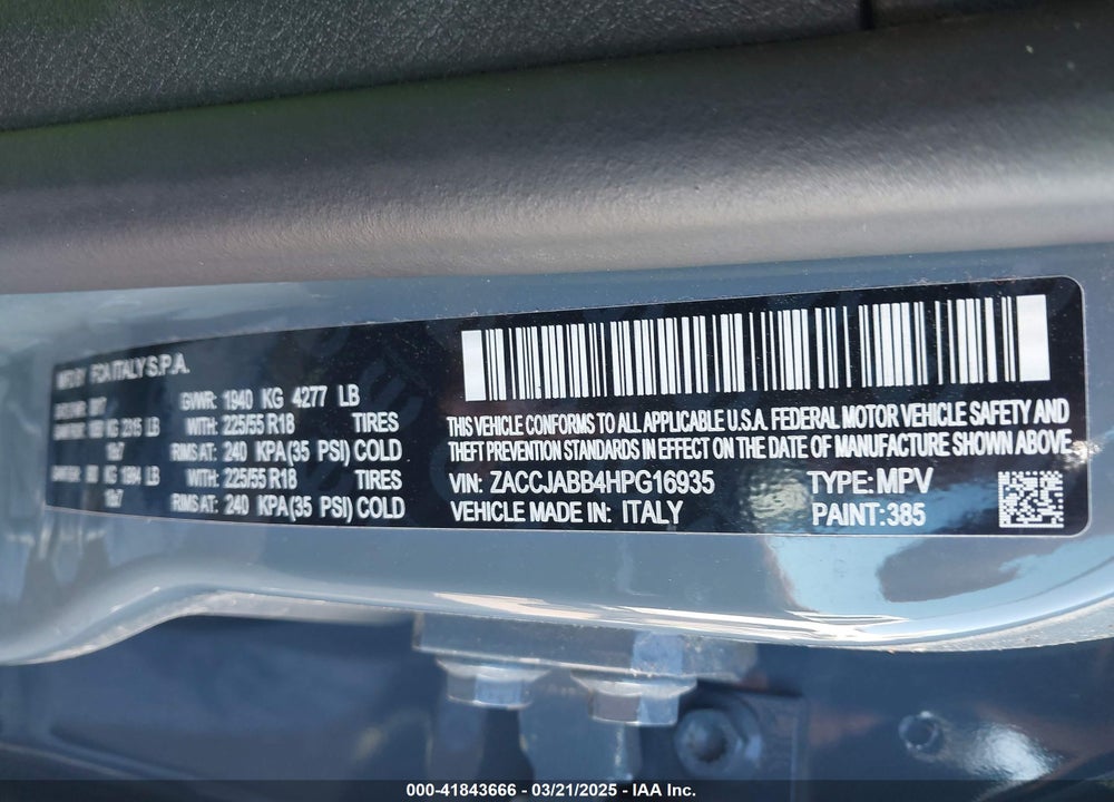 2017 JEEP RENEGADE ALTITUDE FWD VIN: ZACCJABB4HPG16935