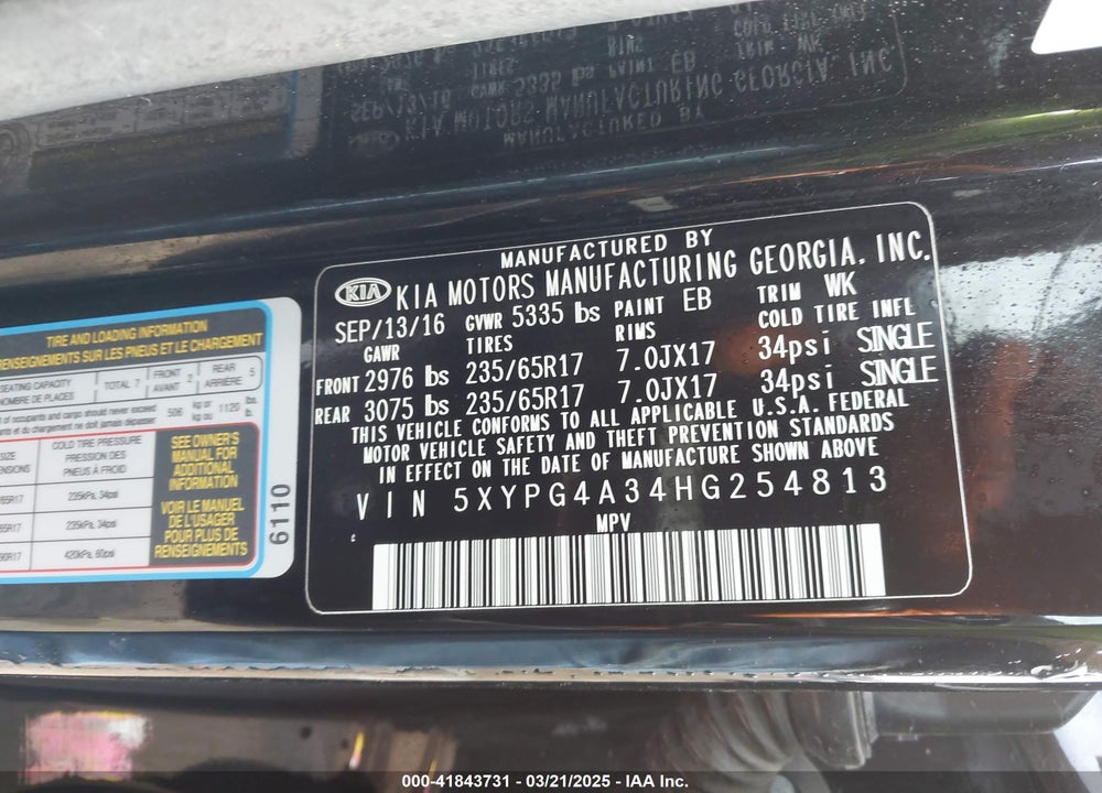 2017 KIA SORENTO VIN: 5XYPG4A34HG254813