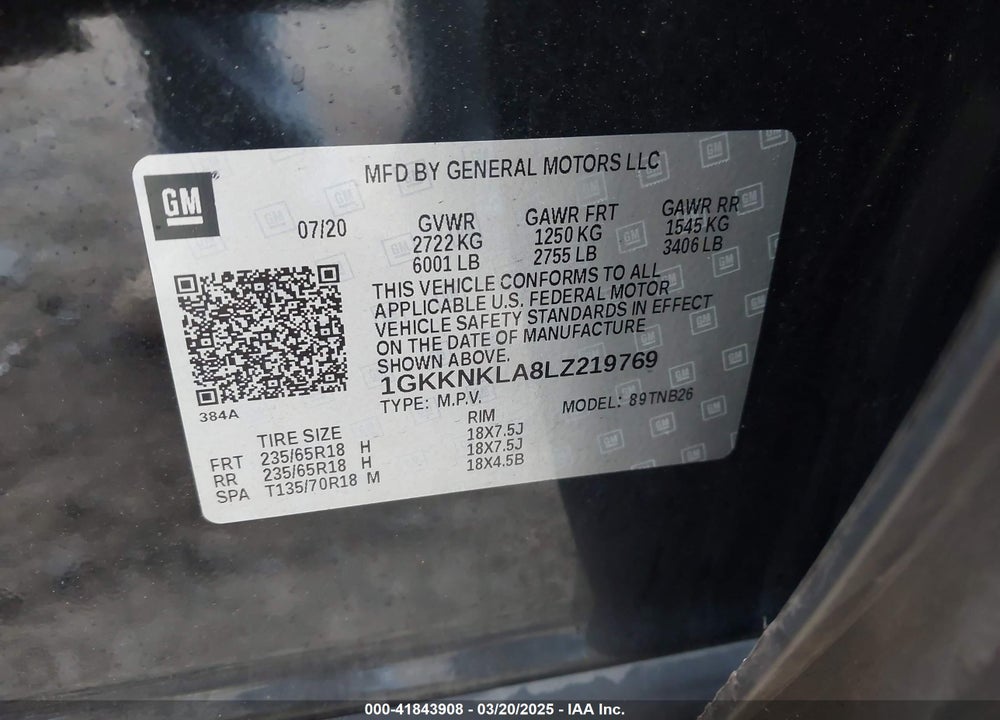 2020 GMC ACADIA VIN: 1GKKNKLA8LZ219769