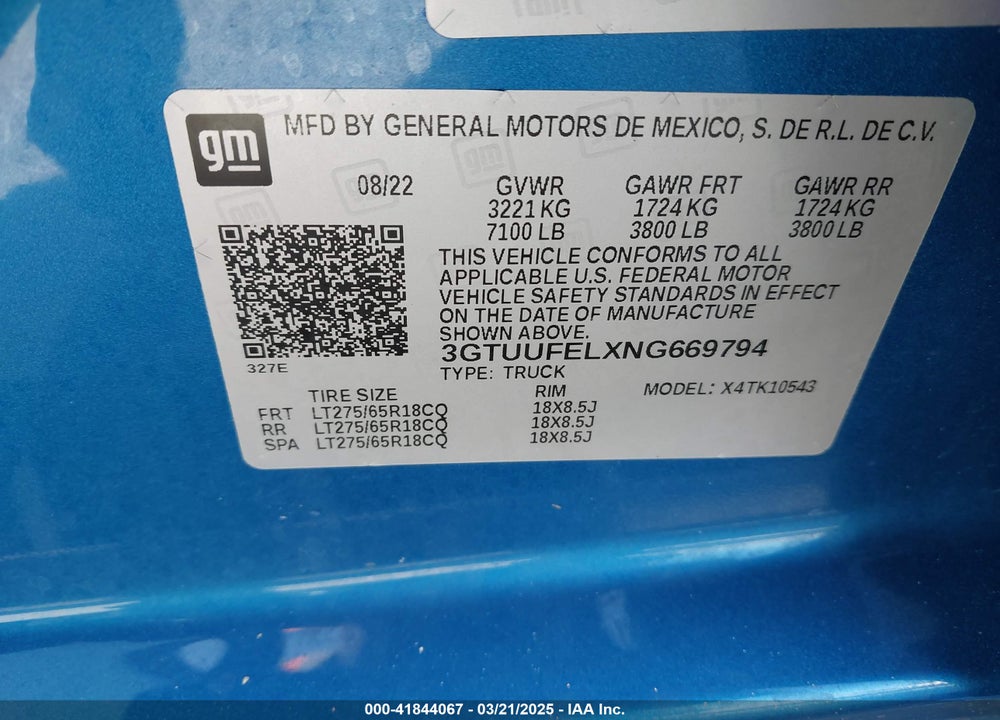 2022 GMC SIERRA 1500 VIN: 3GTUUFELXNG669794