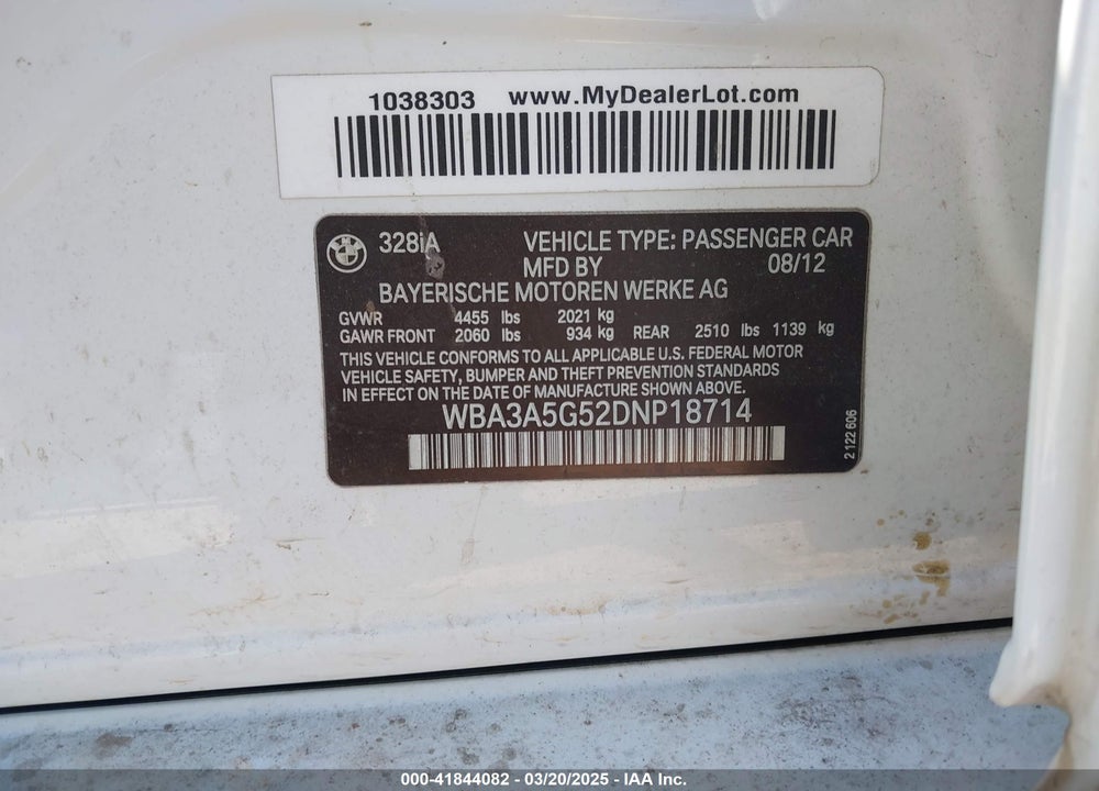2013 BMW 328I VIN: WBA3A5G52DNP18714