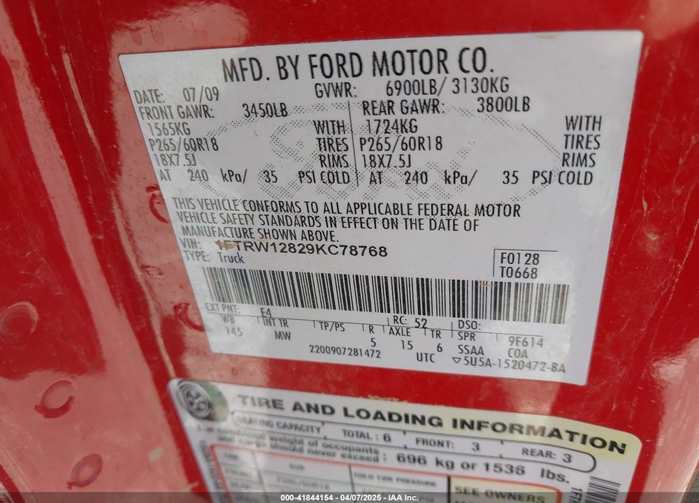 2009 FORD F-150 XL/XLT VIN: 1FTRW12829KC78768