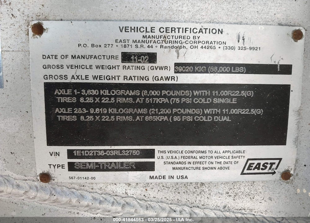 2003 EAST MANUFACTURING --- VIN: 1E1D2T3803RL32750