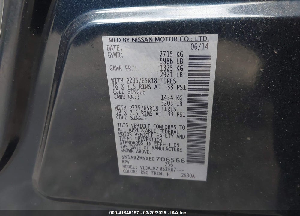 2014 NISSAN PATHFINDER VIN: 5N1AR2MNXEC706566