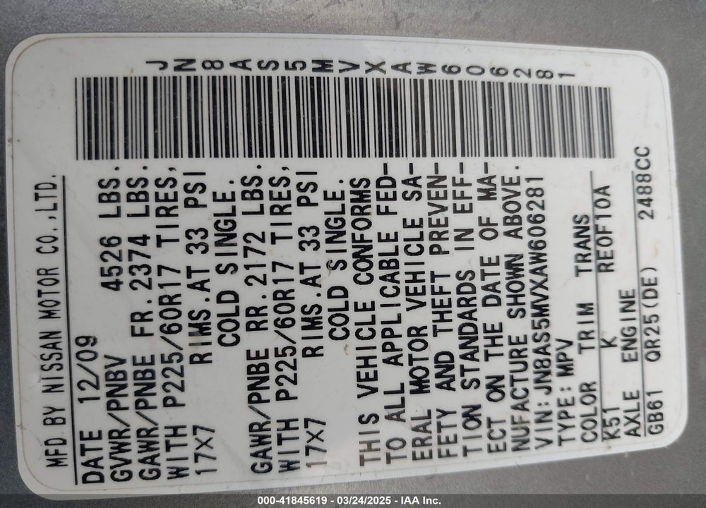 2010 NISSAN ROGUE VIN: JN8AS5MVXAW606281