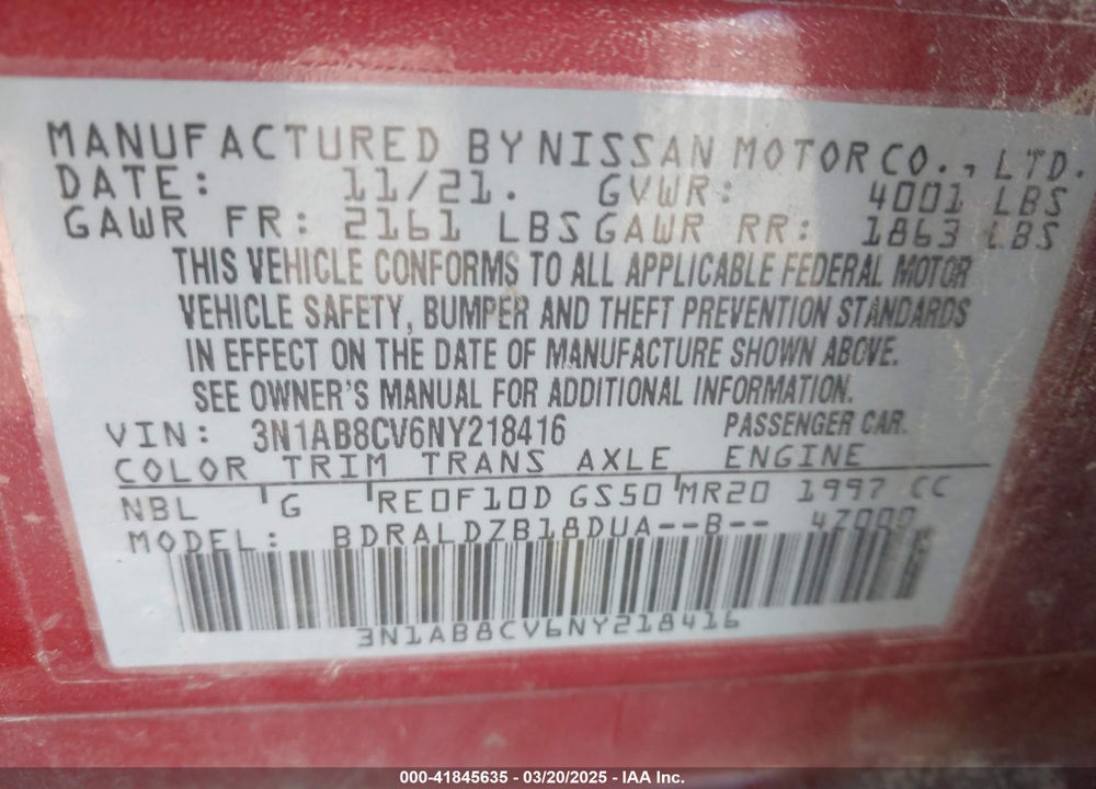 2022 NISSAN SENTRA SV XTRONIC CVT VIN: 3N1AB8CV6NY218416