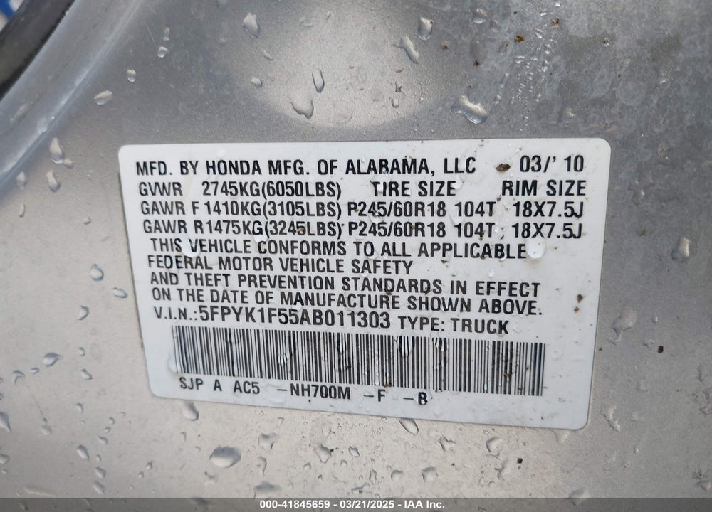 2010 HONDA RIDGELINE VIN: 5FPYK1F55AB011303