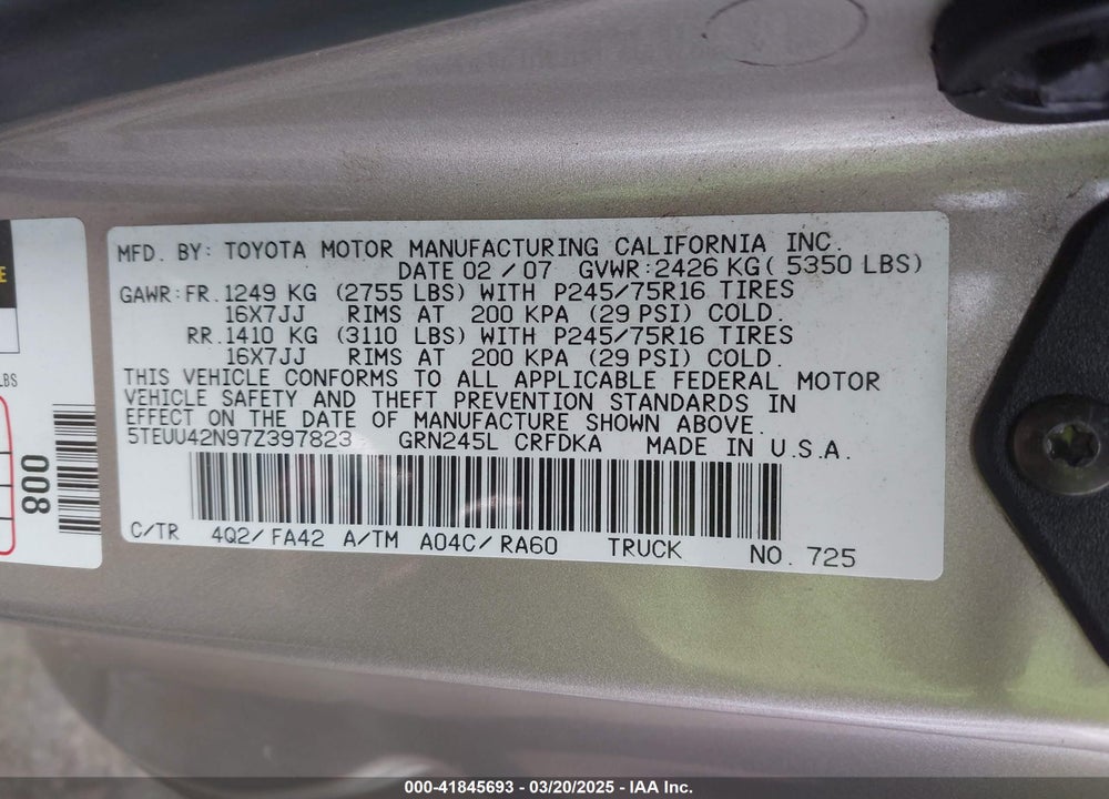 2007 TOYOTA TACOMA VIN: 5TEUU42N97Z397823