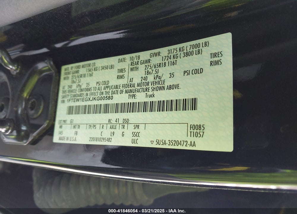 2018 FORD F-150 XLT VIN: 1FTEW1EGXJKG00580