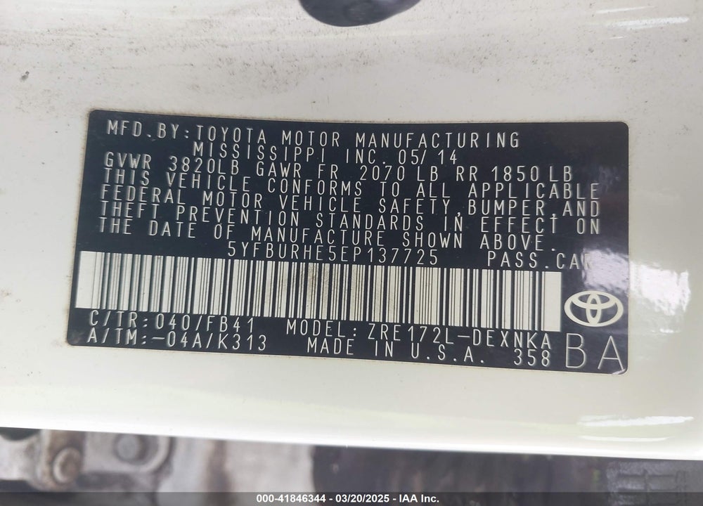 2014 TOYOTA COROLLA VIN: 5YFBURHE5EP137725