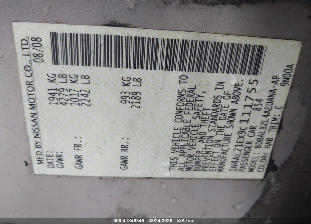 2009 NISSAN ALTIMA VIN: 1N4AL21EX9C111755