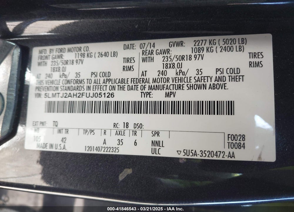 2015 LINCOLN MKC VIN: 5LMTJ2AH2FUJ05126