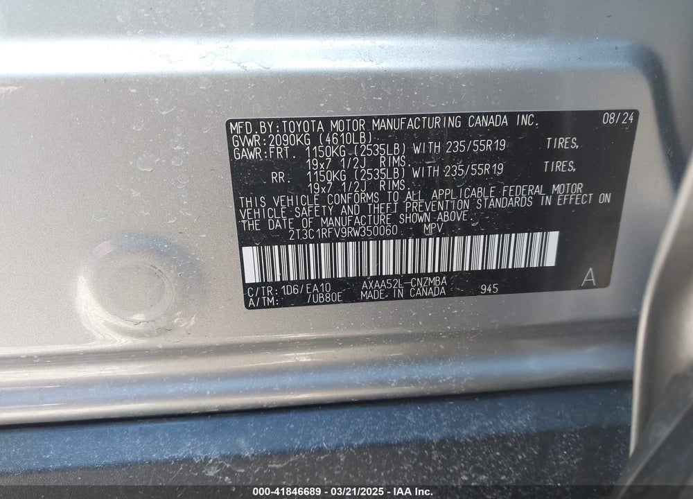 2024 TOYOTA RAV4 VIN: 2T3C1RFV9RW350060