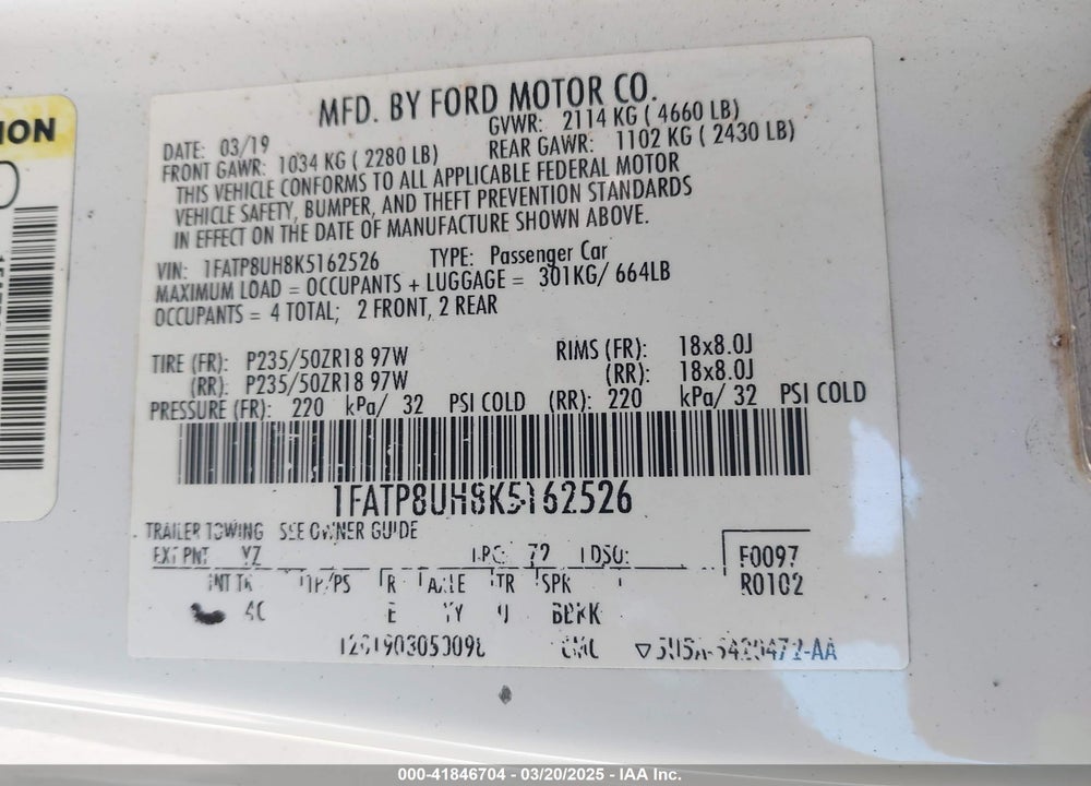 2019 FORD MUSTANG VIN: 1FATP8UH8K5162526