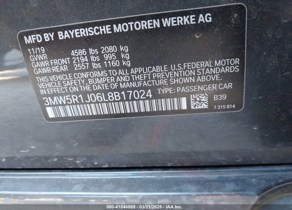 2020 BMW 330I VIN: 3MW5R1J06L8B17024