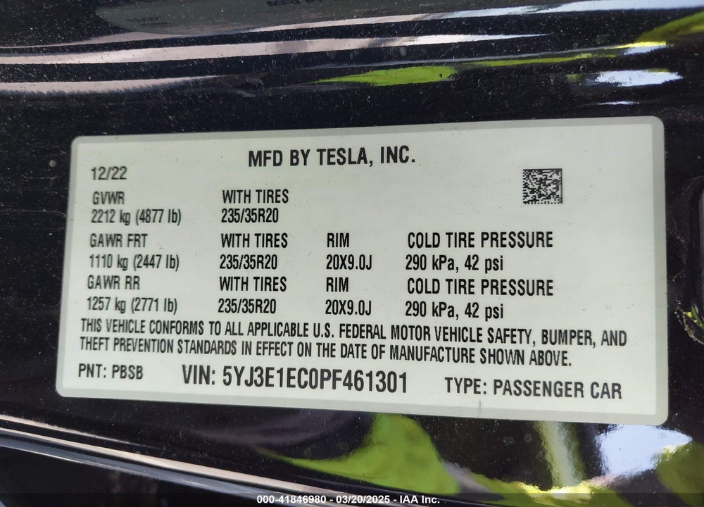 2023 TESLA MODEL 3 PERFORMANCE DUAL MOTOR ALL-WHEEL DRIVE VIN: 5YJ3E1EC0PF461301
