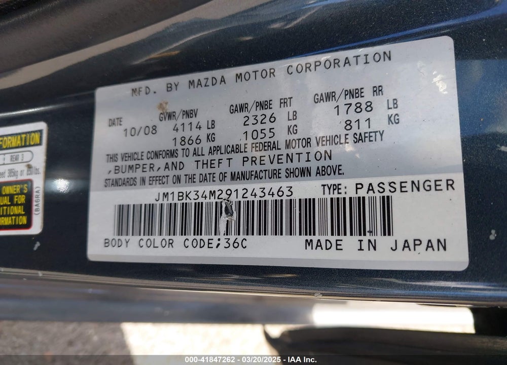 2009 MAZDA 3 VIN: JM1BK34M291243463
