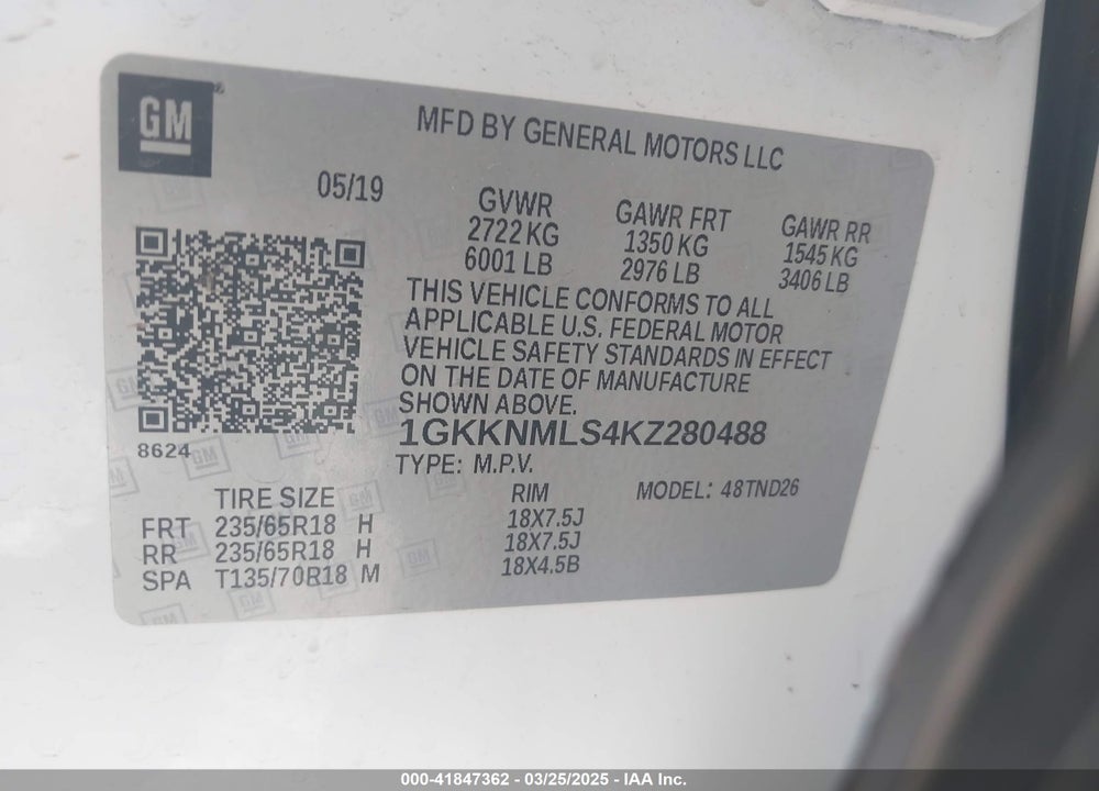 2019 GMC ACADIA VIN: 1GKKNMLS4KZ280488