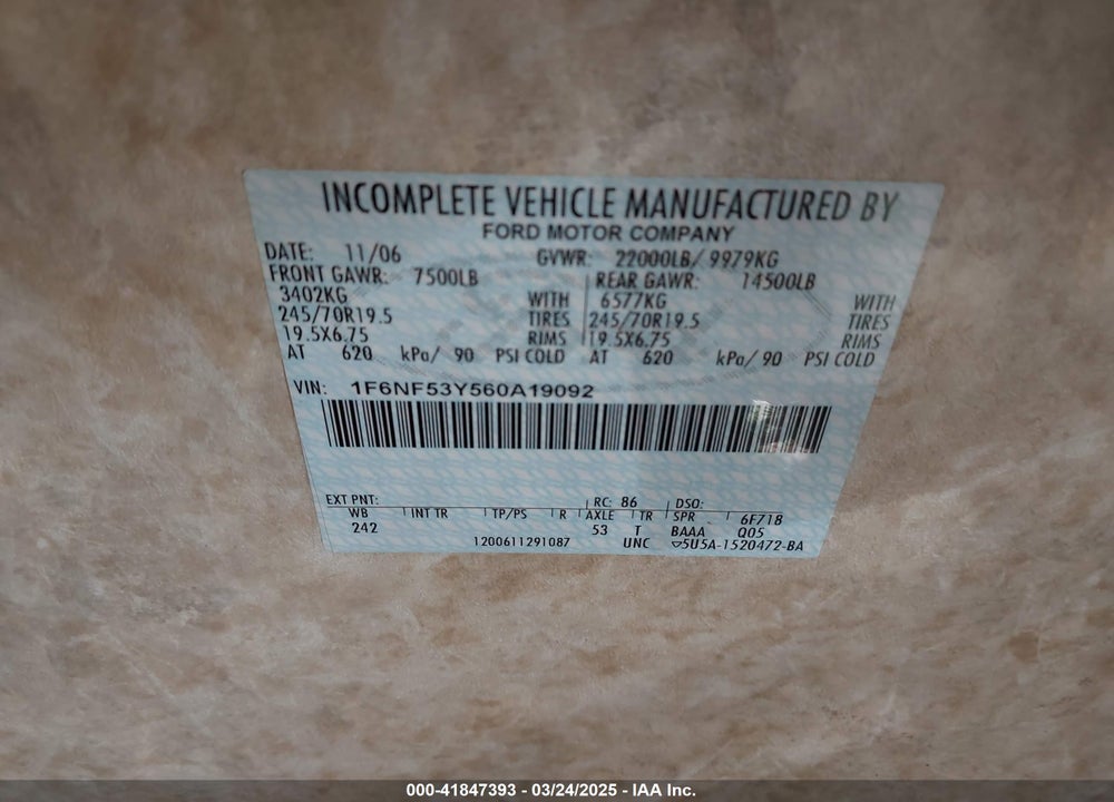 2006 FORD F550 SUPER DUTY STRIPPED CHASS VIN: 1F6NF53Y560A19092