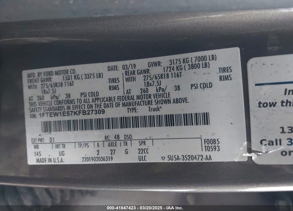 2019 FORD F-150 VIN: 1FTEW1E57KFB27309