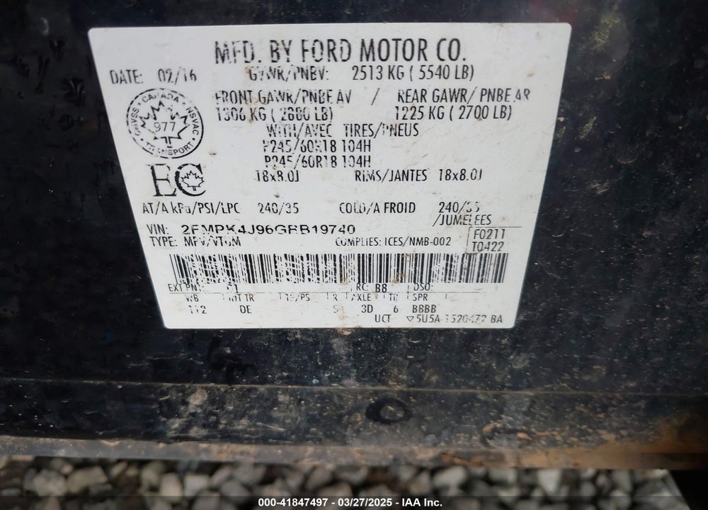 2016 FORD EDGE SEL VIN: 2FMPK4J96GBB19740