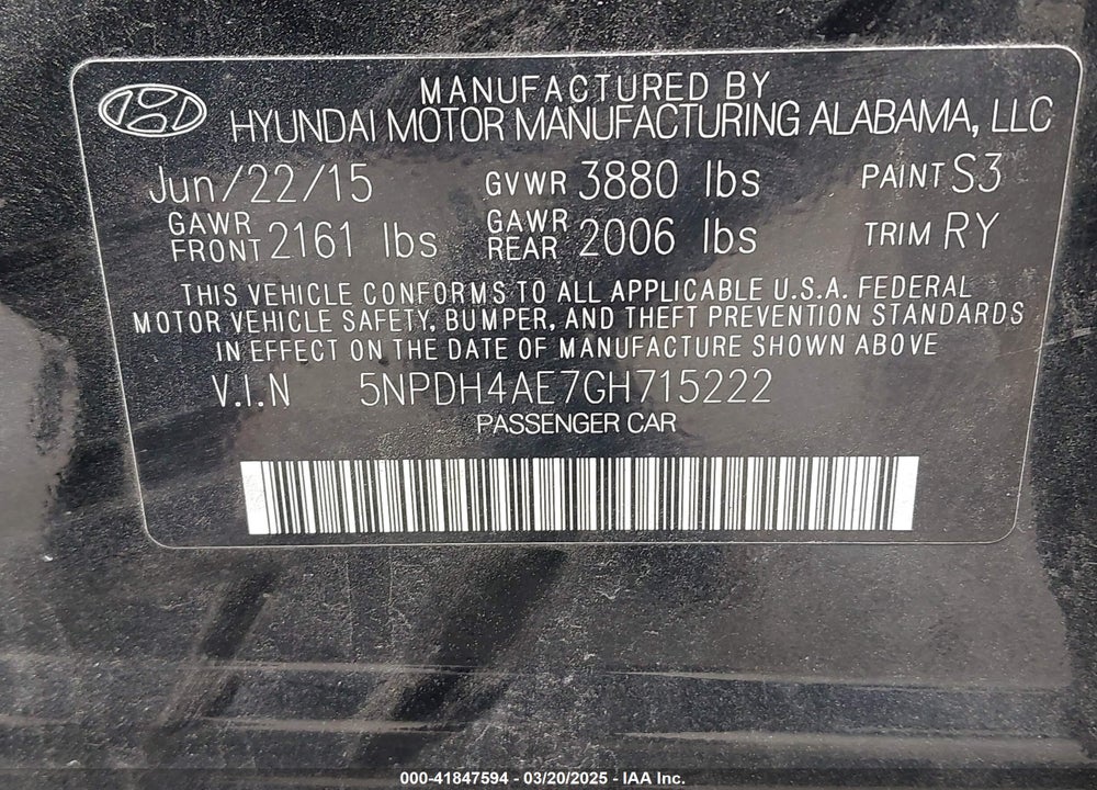 2016 HYUNDAI ELANTRA VIN: 5NPDH4AE7GH715222