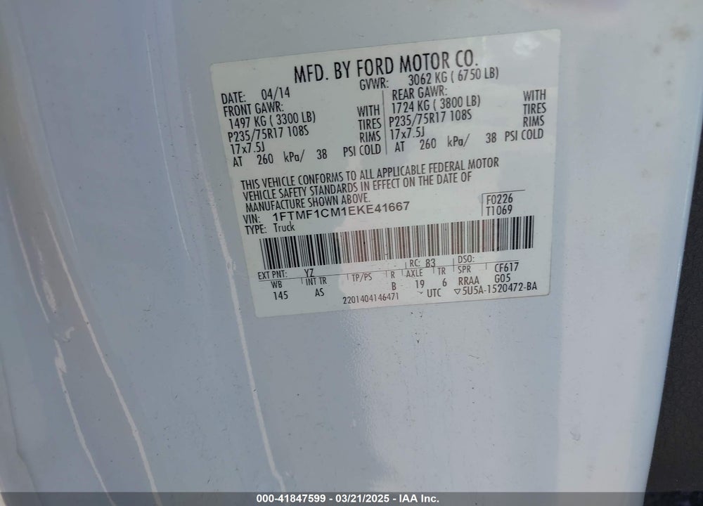 2014 FORD F-150 VIN: 1FTMF1CM1EKE41667