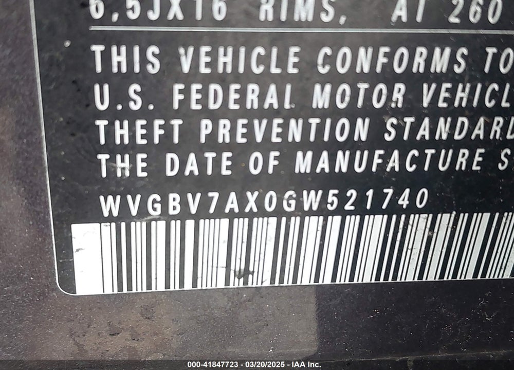 2016 VOLKSWAGEN TIGUAN VIN: WVGBV7AX0GW521740