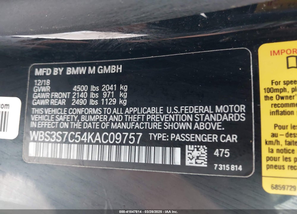 2019 BMW M4 CS VIN: WBS3S7C54KAC09757