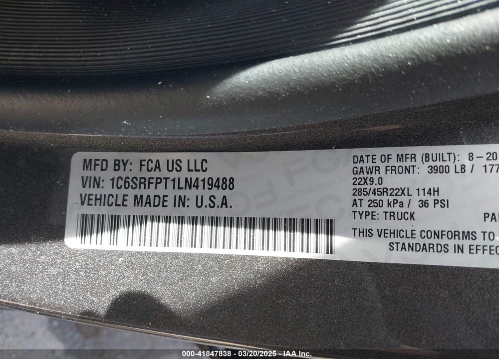 2020 RAM 1500 VIN: 1C6SRFPT1LN419488