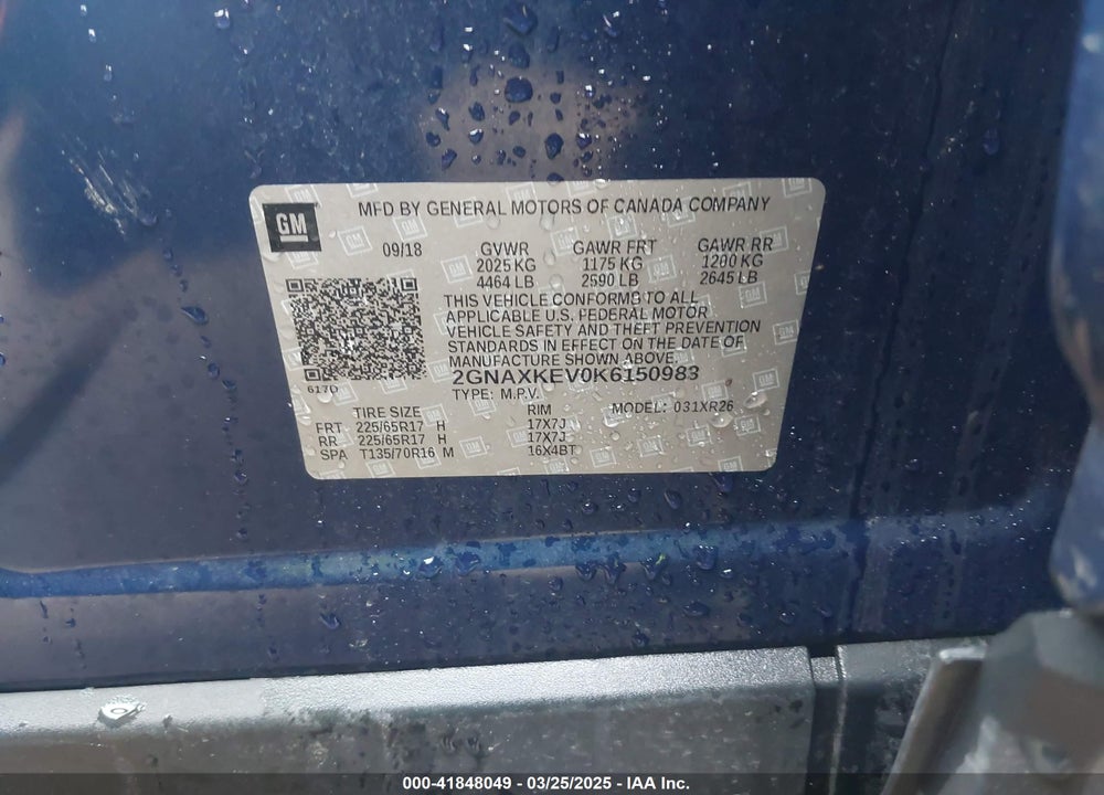 2019 CHEVROLET EQUINOX LT VIN: 2GNAXKEV0K6150983