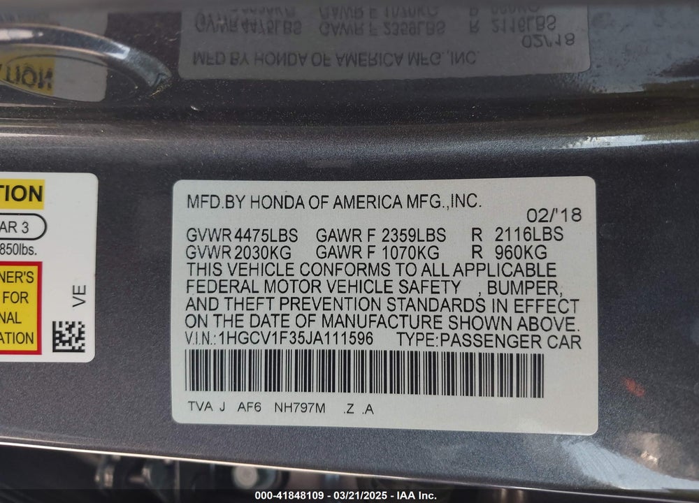 2018 HONDA ACCORD SPORT VIN: 1HGCV1F35JA111596