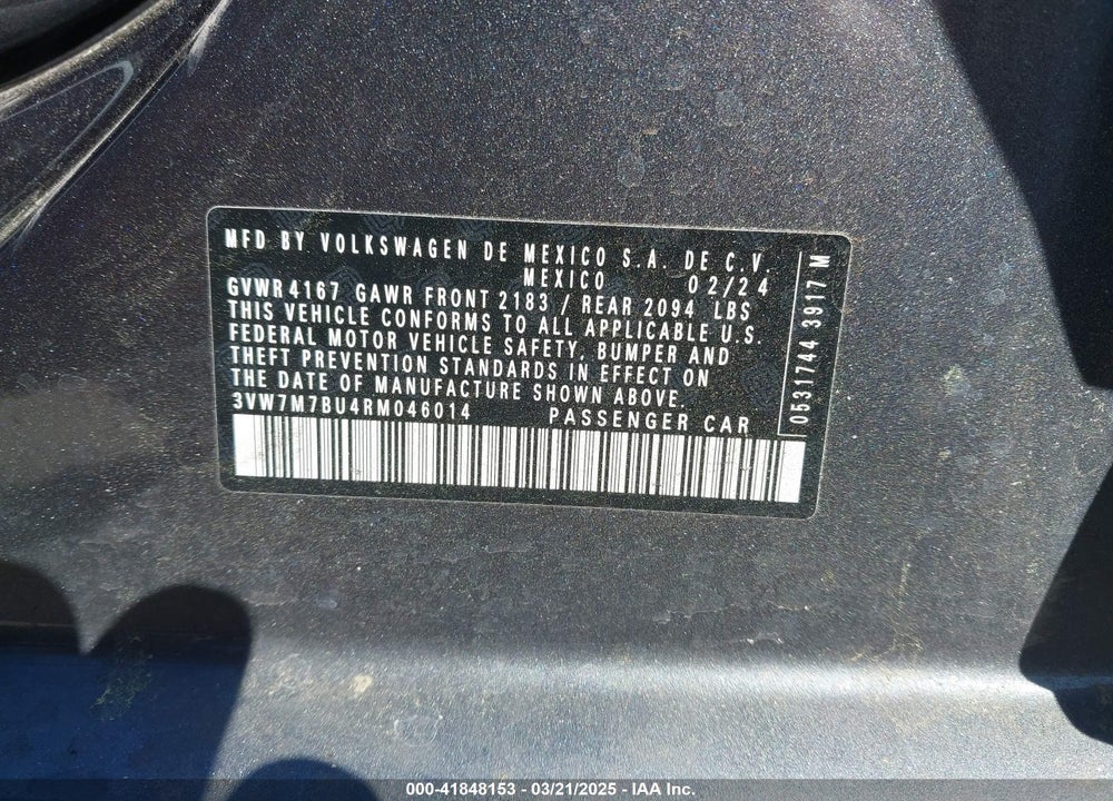 2024 VOLKSWAGEN JETTA VIN: 3VW7M7BU4RM046014
