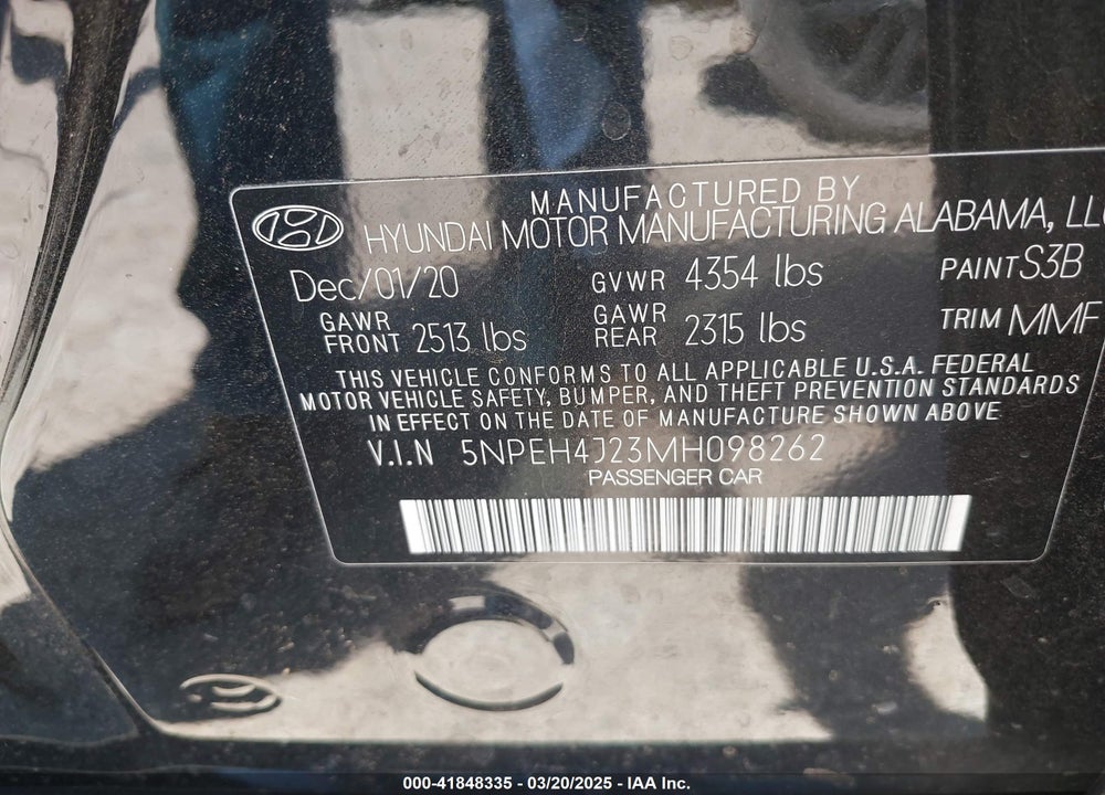 2021 HYUNDAI SONATA VIN: 5NPEH4J23MH098262