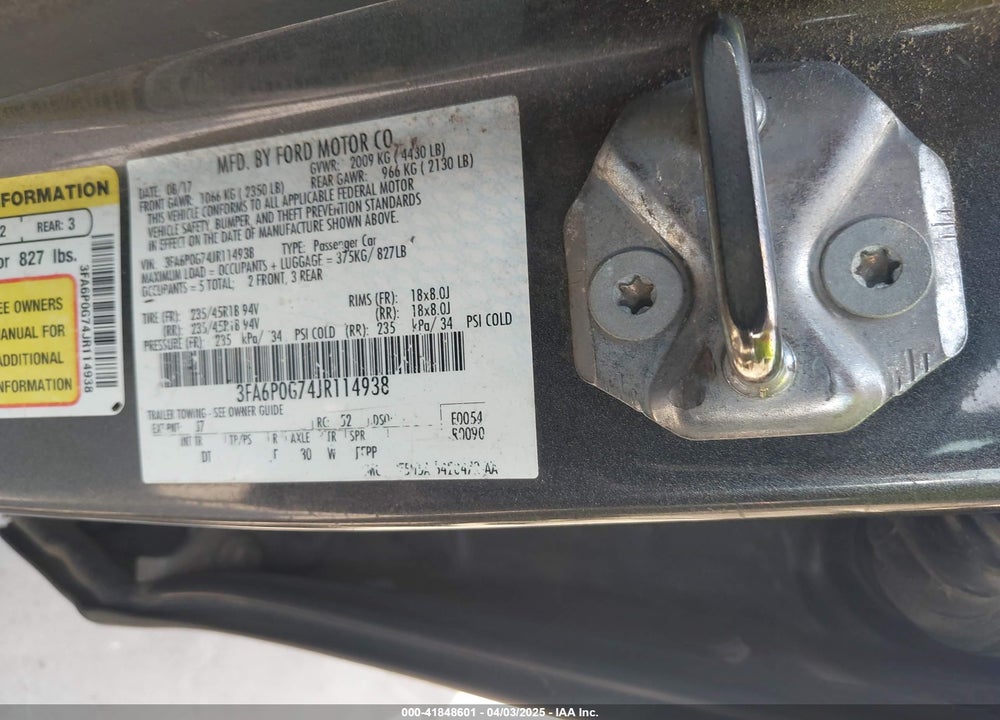 2018 FORD FUSION S VIN: 3FA6P0G74JR114938