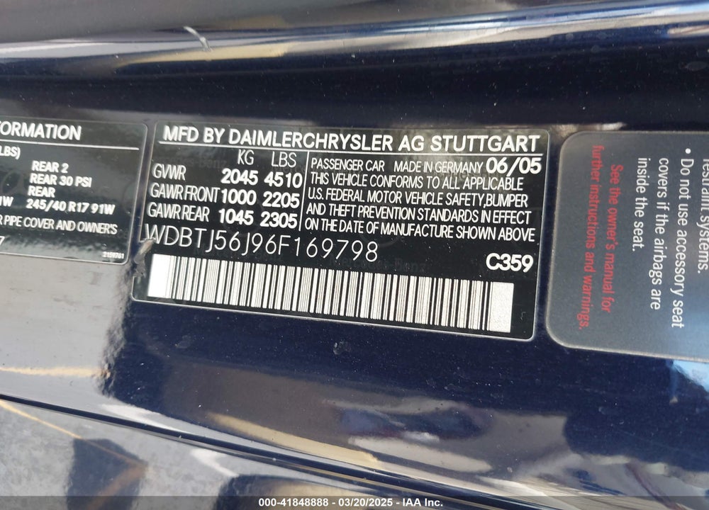 2006 MERCEDES-BENZ CLK 350 VIN: WDBTJ56J96F169798