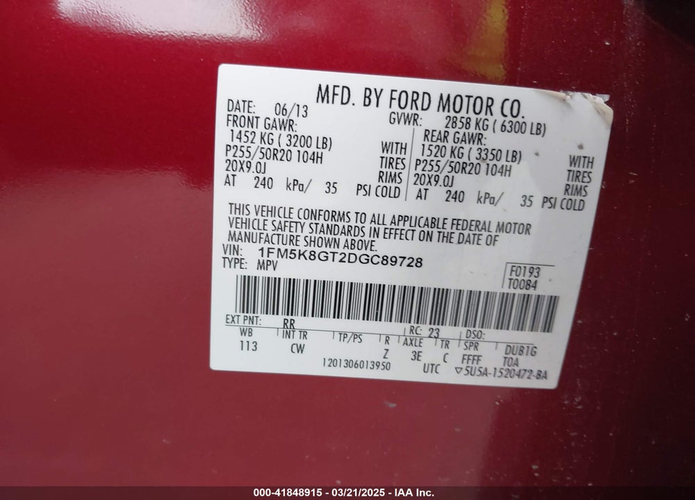 2013 FORD EXPLORER SPORT VIN: 1FM5K8GT2DGC89728
