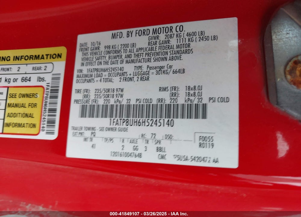 2017 FORD MUSTANG VIN: 1FATP8UH6H5245140