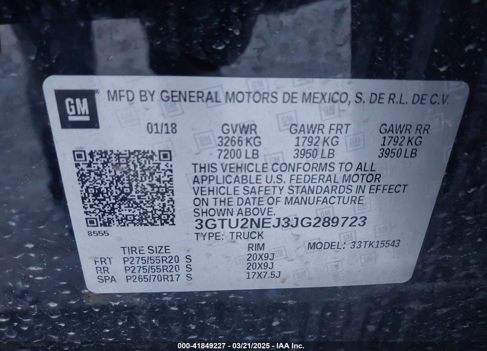 2018 GMC SIERRA VIN: 3GTU2NEJ3JG289723