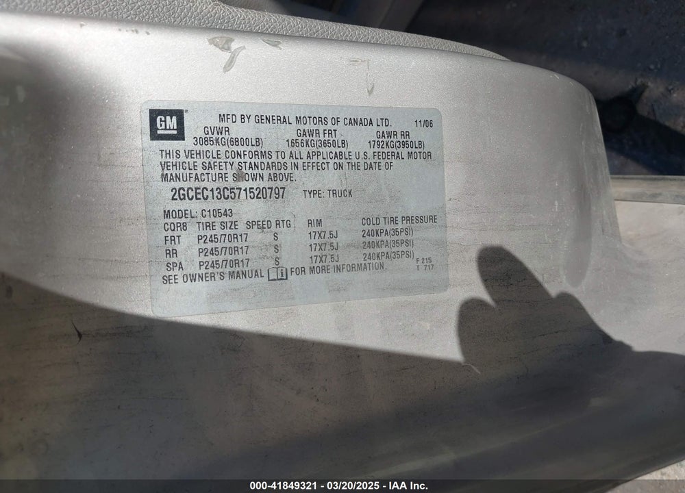 2007 CHEVROLET SILVERADO 1500 WORK TRUCK VIN: 2GCEC13C571520797