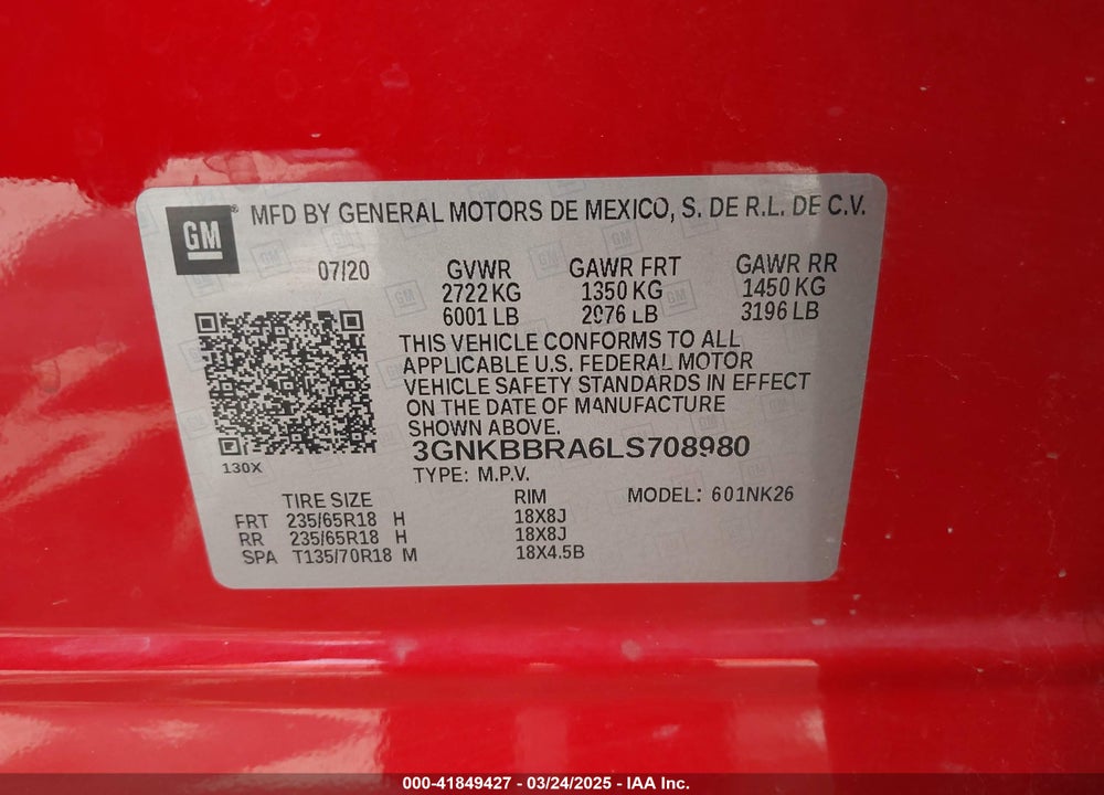 2020 CHEVROLET BLAZER VIN: 3GNKBBRA6LS708980
