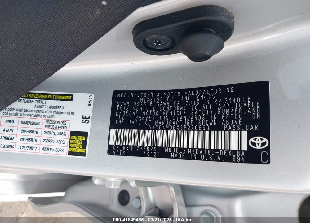 2025 TOYOTA COROLLA LE VIN: 5YFB4MDEXSP270663