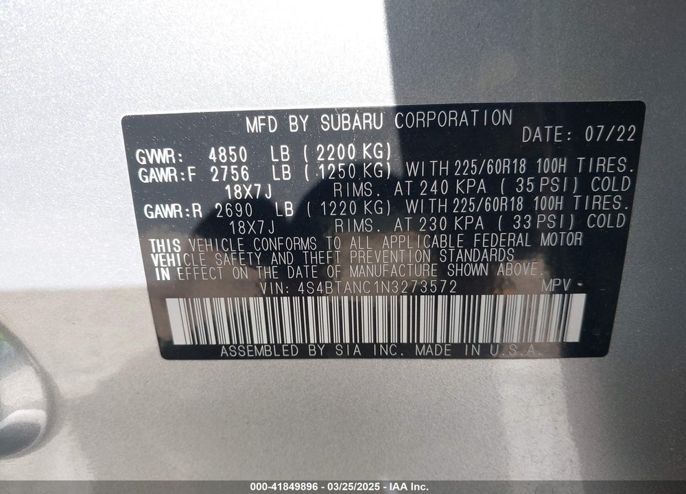 2022 SUBARU OUTBACK VIN: 4S4BTANC1N3273572