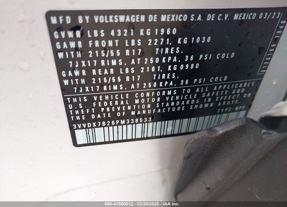 2023 VOLKSWAGEN TAOS VIN: 3VVDX7B26PM338533