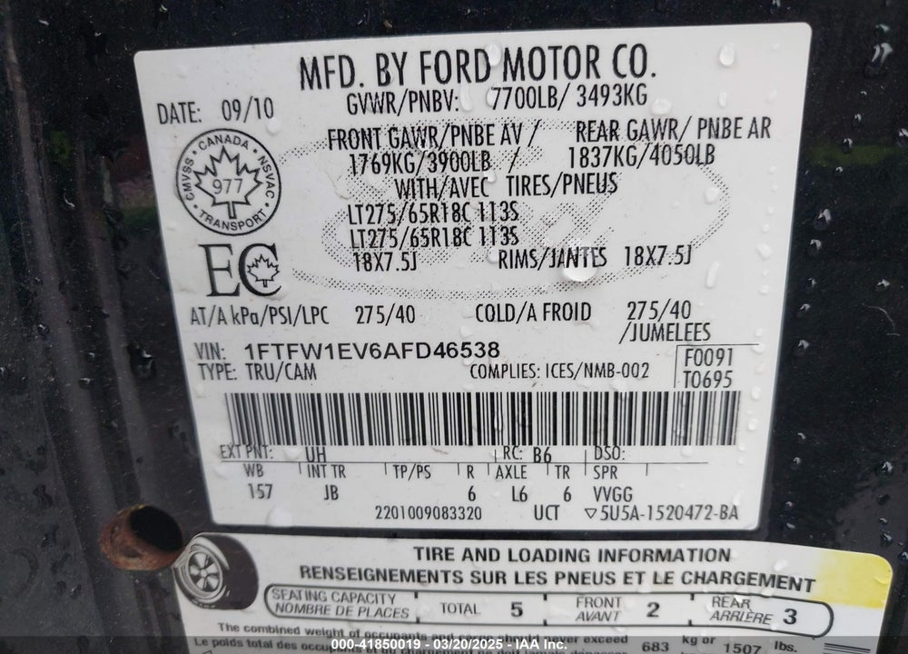 2010 FORD F-150 FX4/HARLEY-DAVIDSON/KING RANCH/LARIAT/PLATINUM/XL/XLT VIN: 1FTFW1EV6AFD46538