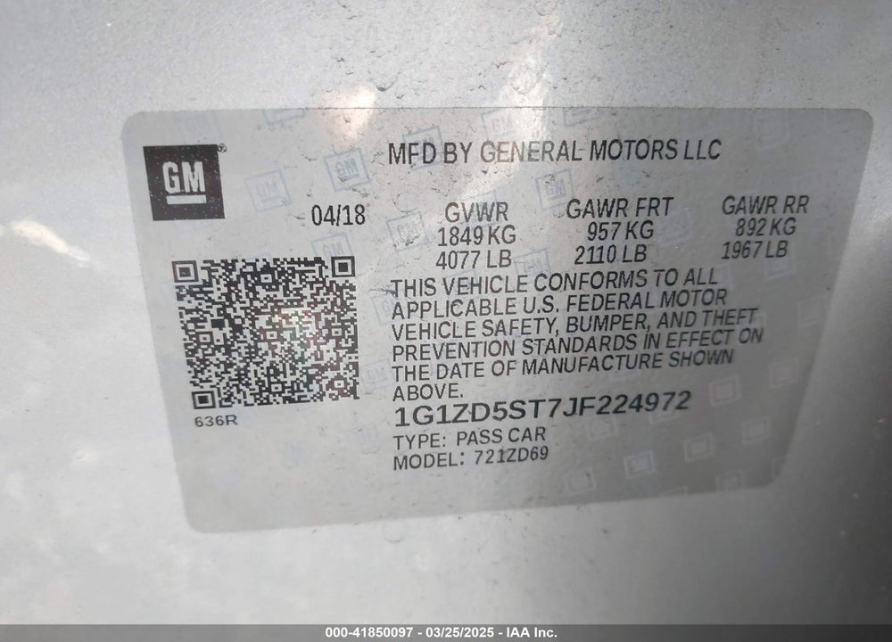 2018 CHEVROLET MALIBU VIN: 1G1ZD5ST7JF224972