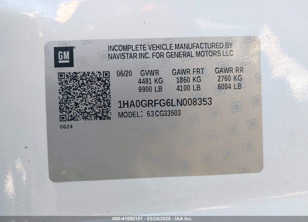 2020 CHEVROLET EXPRESS CUTAWAY WORK VAN VIN: 1HA0GRFG6LN008353